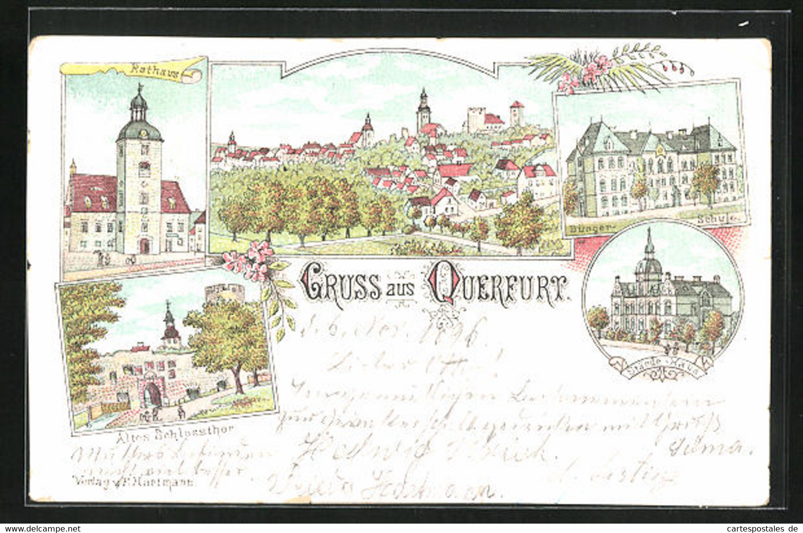 Lithographie Querfurt, Bürgerschule, Stände-Haus, Altes Schlosstor, Rathaus - Querfurt