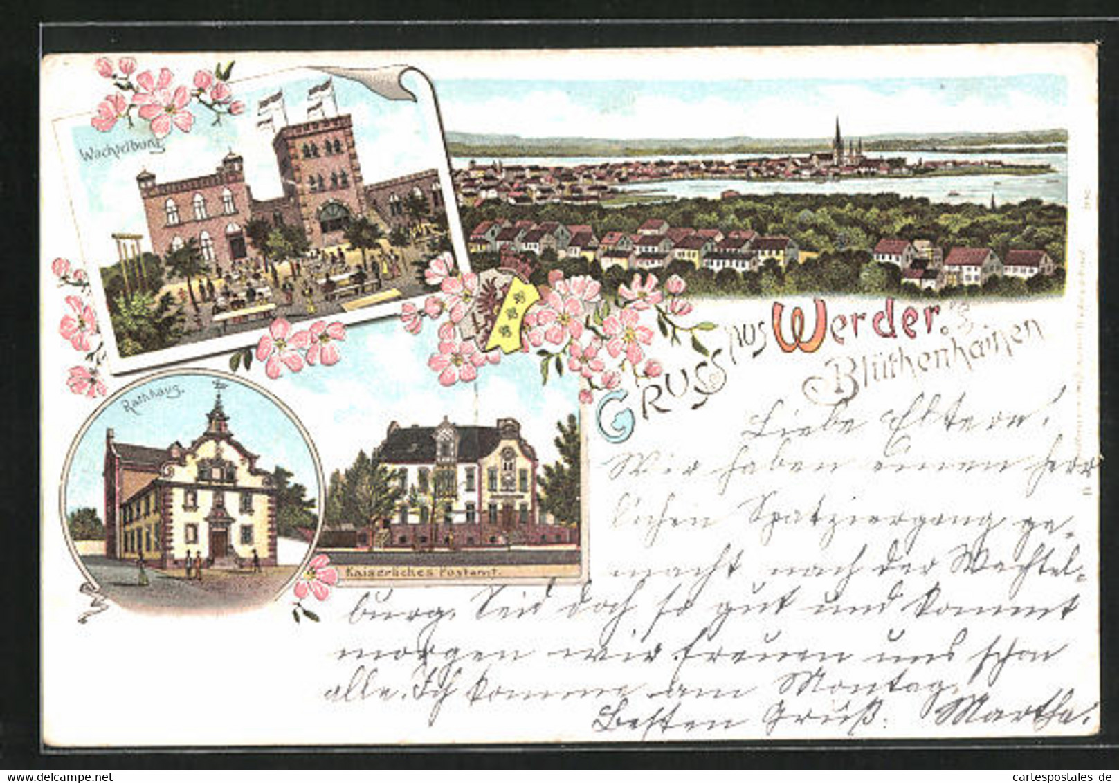Lithographie Werder / Havel, Gasthaus Wachtelburg, Kaiserl. Postamt, Rathaus - Werder