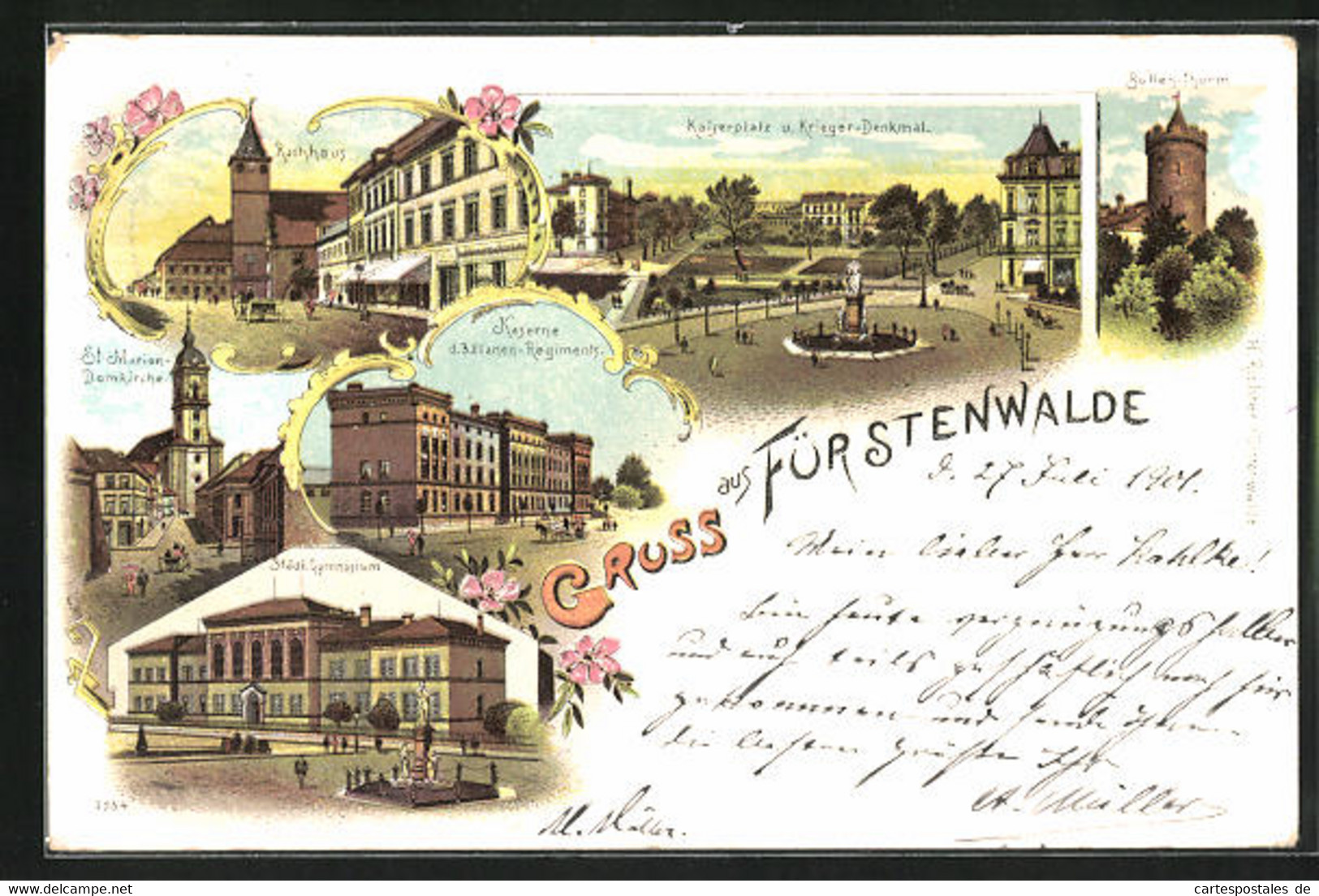 Lithographie Fürstenwalde, Kaserne Des 3. Ulanen-Regiments, Städt. Gymnasium, Bullen-Thurm - Fürstenwalde