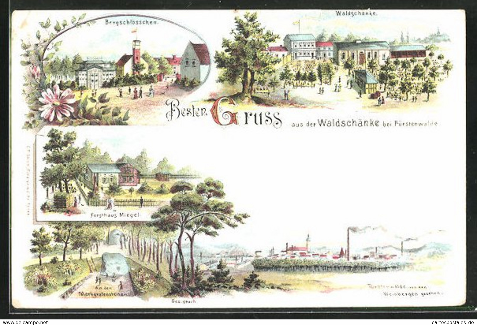 Lithographie Fürstenwalde / Spree, Gasthaus Waldschänke, Bergschlösschen - Fuerstenwalde