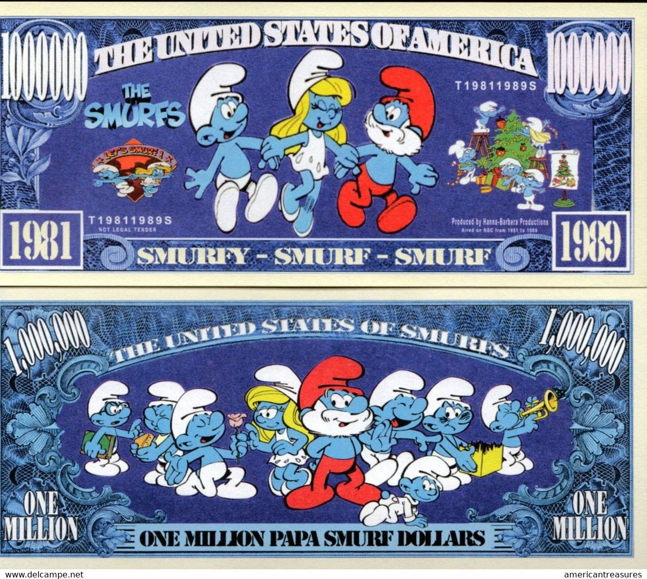 USA 1 Million US Dollar Novelty Banknote 'The Smurfs' Hanna-Barbera Production - Comic Series - UNC - Altri – America