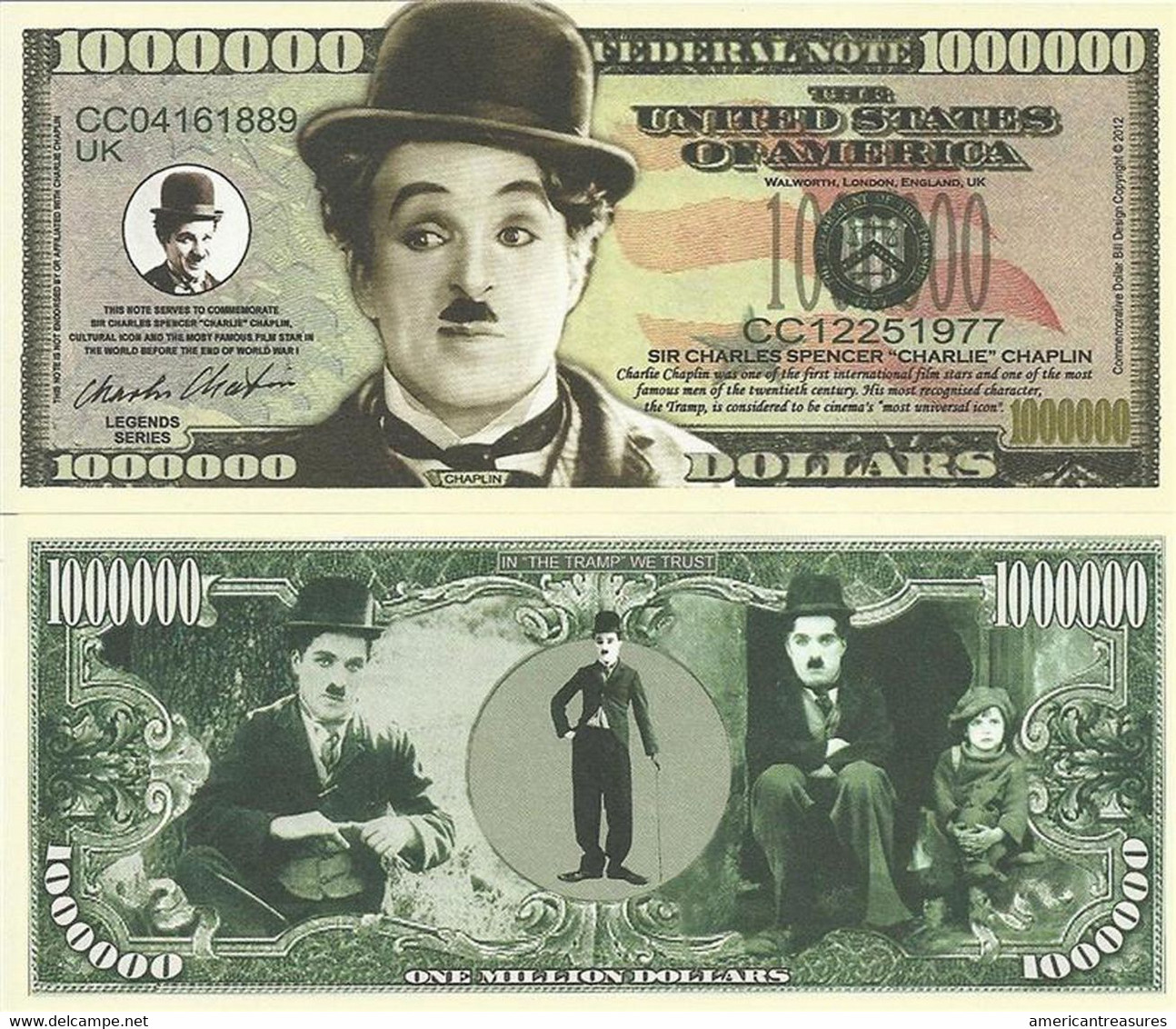 USA 1 Million US $ Novelty Banknote 'Charlie Chaplin' - Comedy Legend - NEW - UNCIRCULATED & CRISP - Altri – America