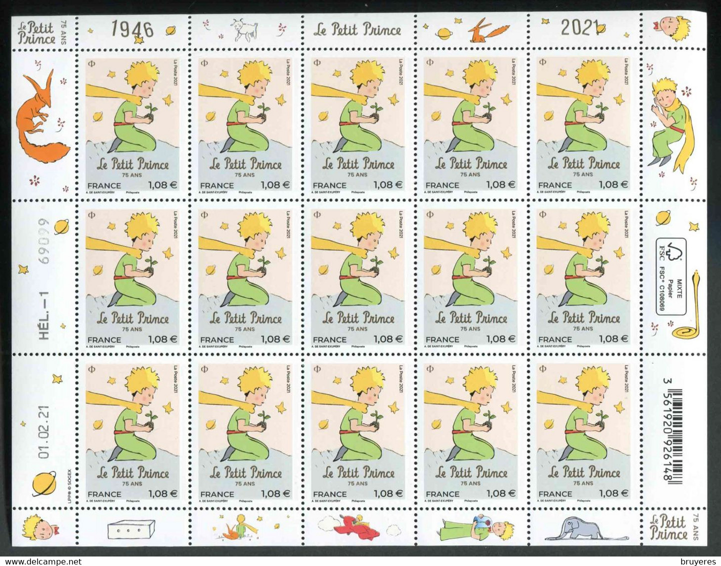 FEUILLE** De 2021 De 15 Timbres Gommés Avec Marges Illustrées  "1,08 € - "LE PETIT PRINCE 75 ANS" Et Date 01.02.21 - Full Sheets