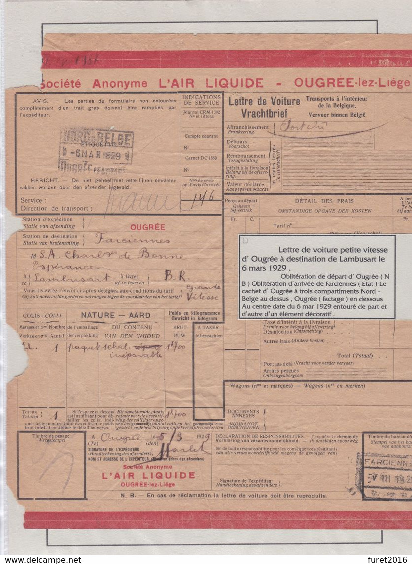 Lettre De Voiture D OUGREE  Nord Belge Societe Anonyme Air Liquide Vers Farciennes - Nord Belge