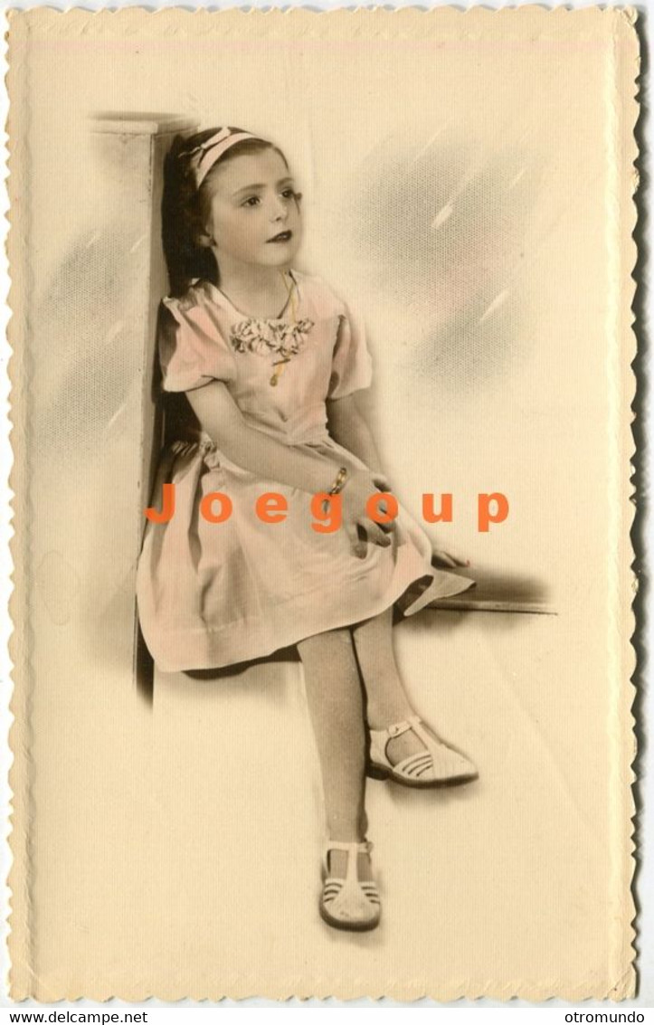 Colored Photo Postcard Portrait Sitting Kid Little Girl  Argentina 1937 - Anonymous Persons