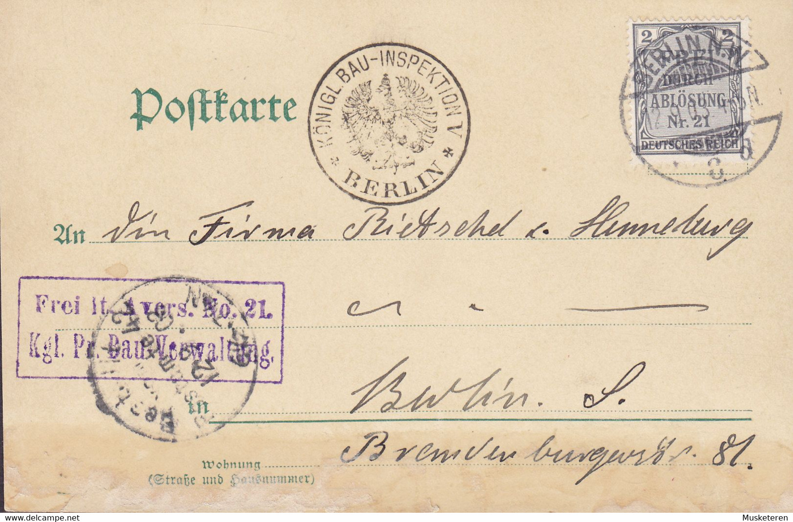 Deutsches Reich KGL. BAU-INSPEKTION, BERLIN 1903 Postkarte Post Card 2 Pf. Frei Durch Ablösung Dienstmarke - Dienstzegels