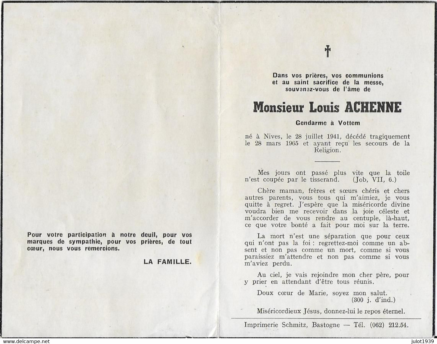 GC . NIVES ..--  Mr Louis ACHENNE , GENDARME à VOTTEM , Né 1941 , Décédé Tragiquement En 1965 . - Vaux-sur-Sûre