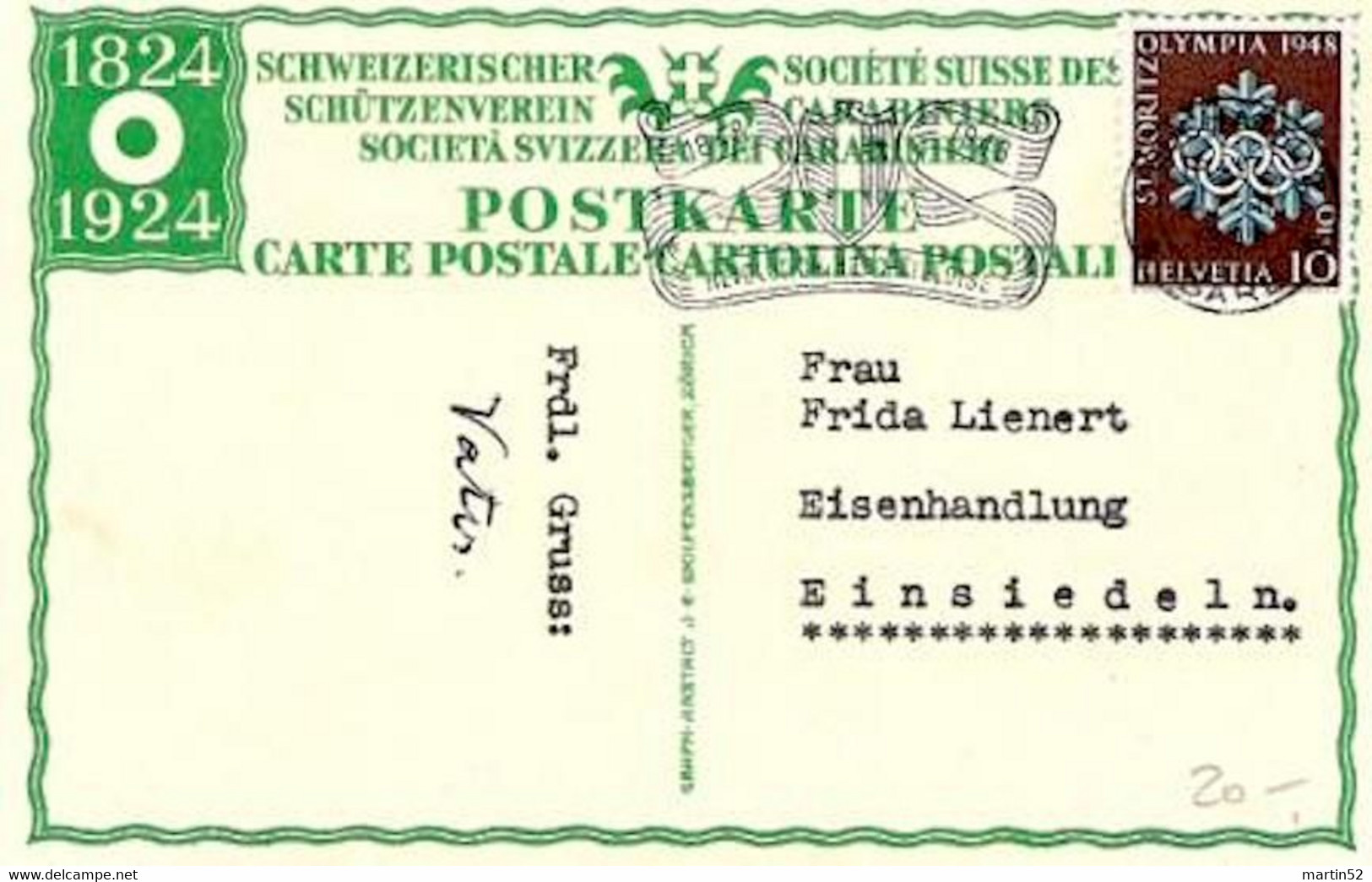 Schweiz Suisse 1924: Bild-PK SCHÜTZENVEREIN 1824-1924 CPI Société Suisse Des Carabiniers WIII 26 O NEUCHÂTEL 1.III.1948 - Waffenschiessen