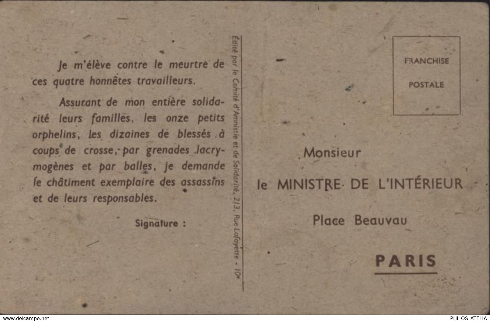 CPA CP Pétition Ramadier 1947 Tous 4 Abattus Par Forces S/ Ordre Schuman Et Moch Grévistes Bettini Chaleat Penel Justet - Ereignisse