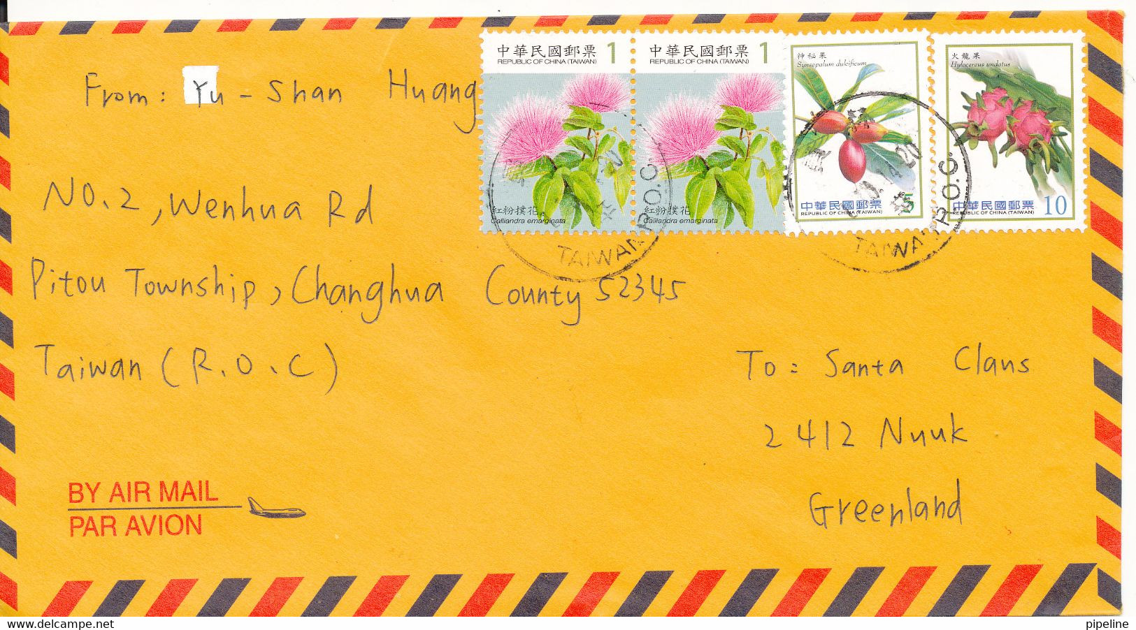 Taiwan Air Mail Cover Sent To Santa Claus Greenland 2014 Topic Stamps - Covers & Documents