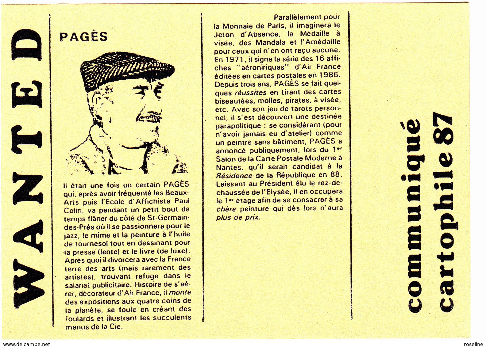 PAGES  Raymond   -  Wanted  Curriculum Vitae Notice Biographique - CPM 10,5x15 TBE 1987 Neuve - Pages