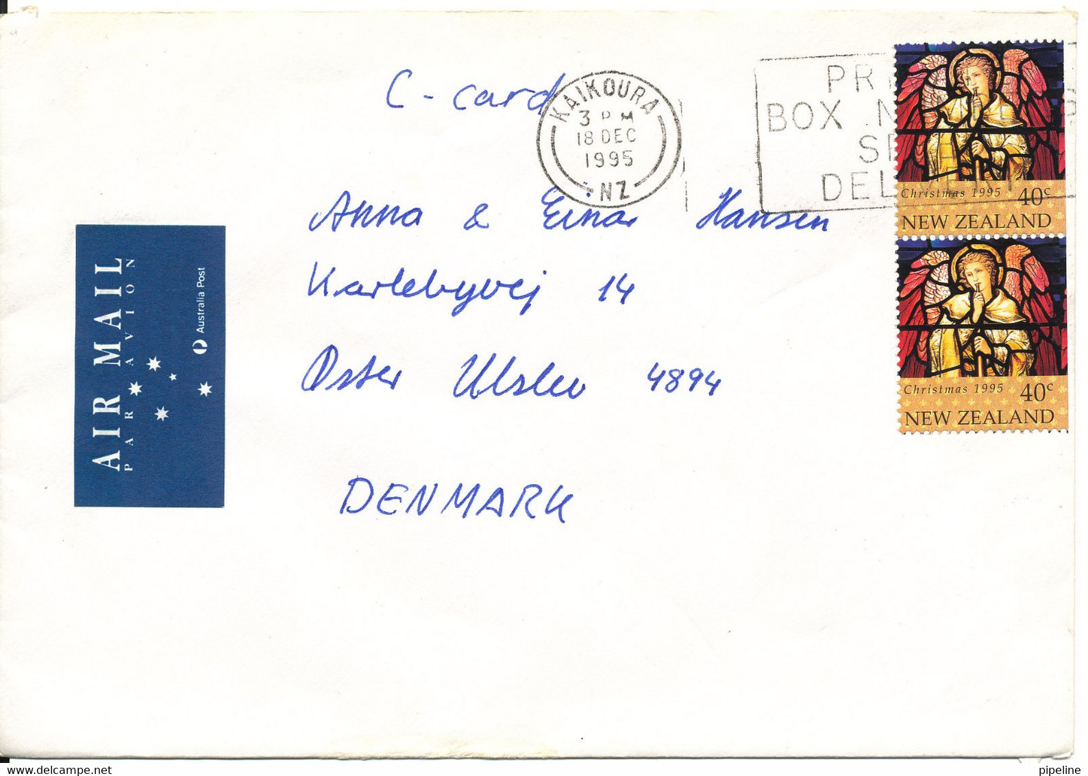 New Zealand Cover Sent Air Mail To Denmark 18-12-1995 Christmas Stamps - Cartas & Documentos