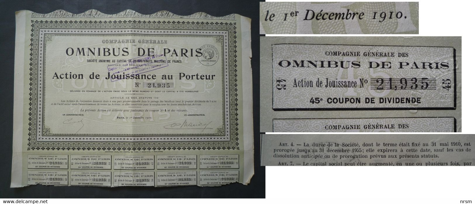 Titre - Action De La "Compagnie Générale Des Omnibus De Paris" / 1910 / Action De Jouissance Au Porteur - A - C