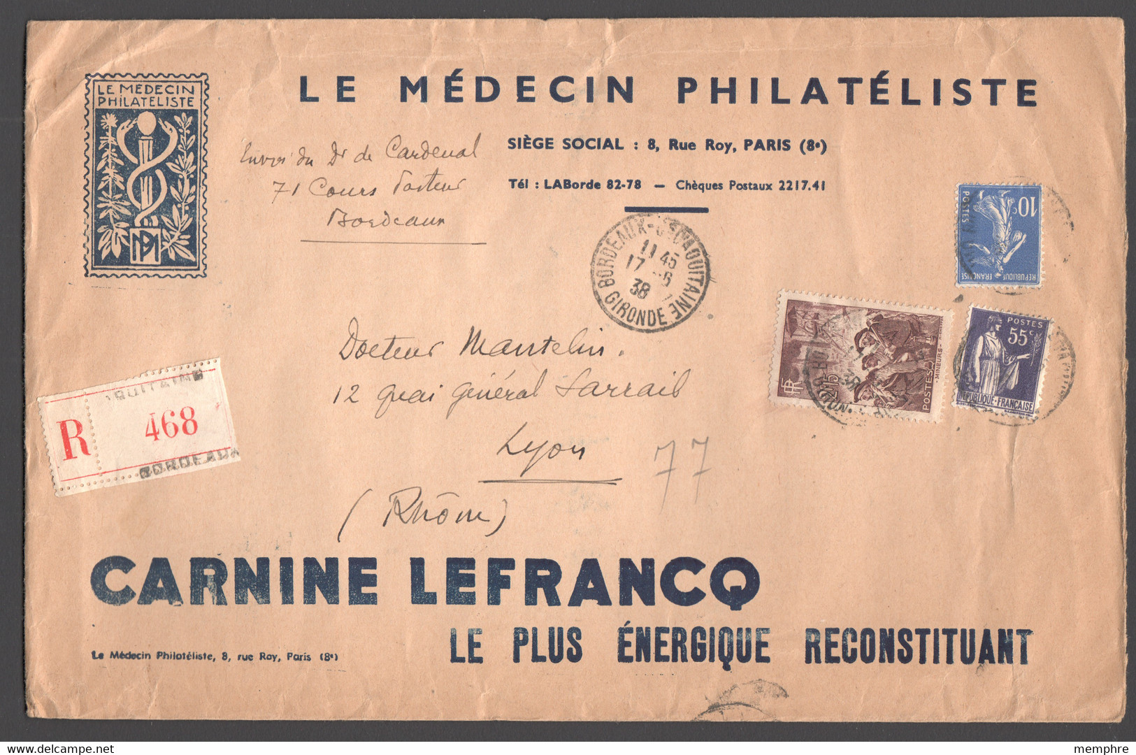 1938 Lettre Recommandée  Carnet De Circulation «Le Médecin Philatéliste» Tarif 2,80fr - Tariffe Postali
