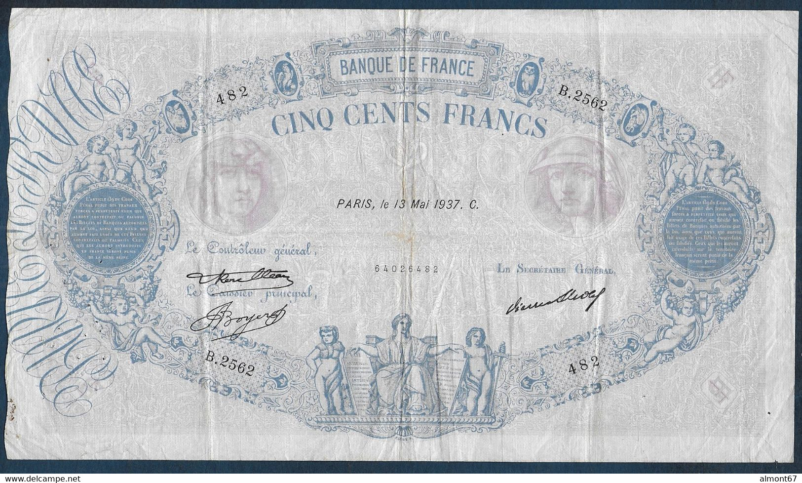 500 Francs  Bleu Et Rose  Du  13 - 5 - 1937 - 500 F 1888-1940 ''Bleu Et Rose''