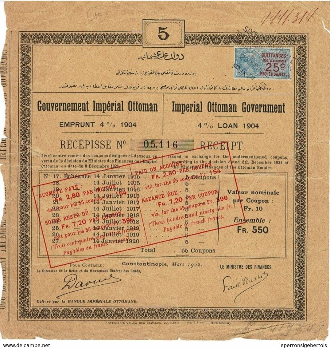 Titre Ancien - Gouvernement Impérial Ottoman - Emprunt 4% 1904 - - M - O