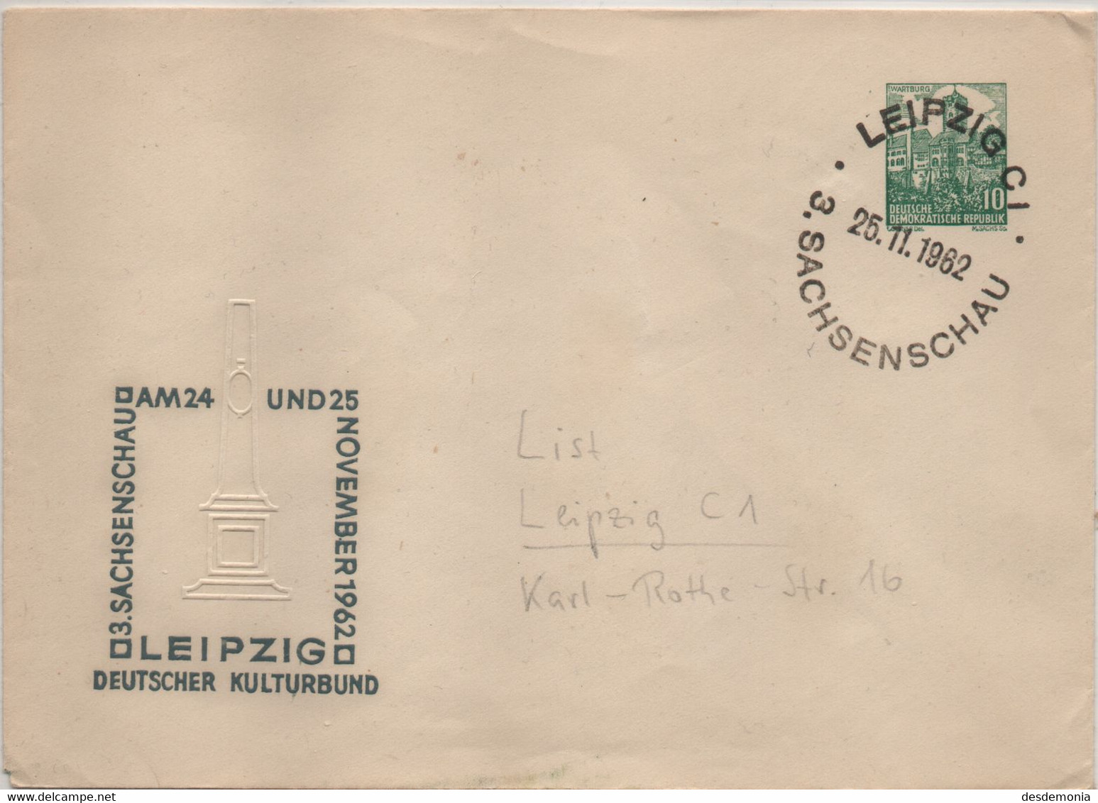 Allemagne Démocratique Michel Entier Postal Leipzig 25.11.1962 - Enveloppes Privées - Oblitérées