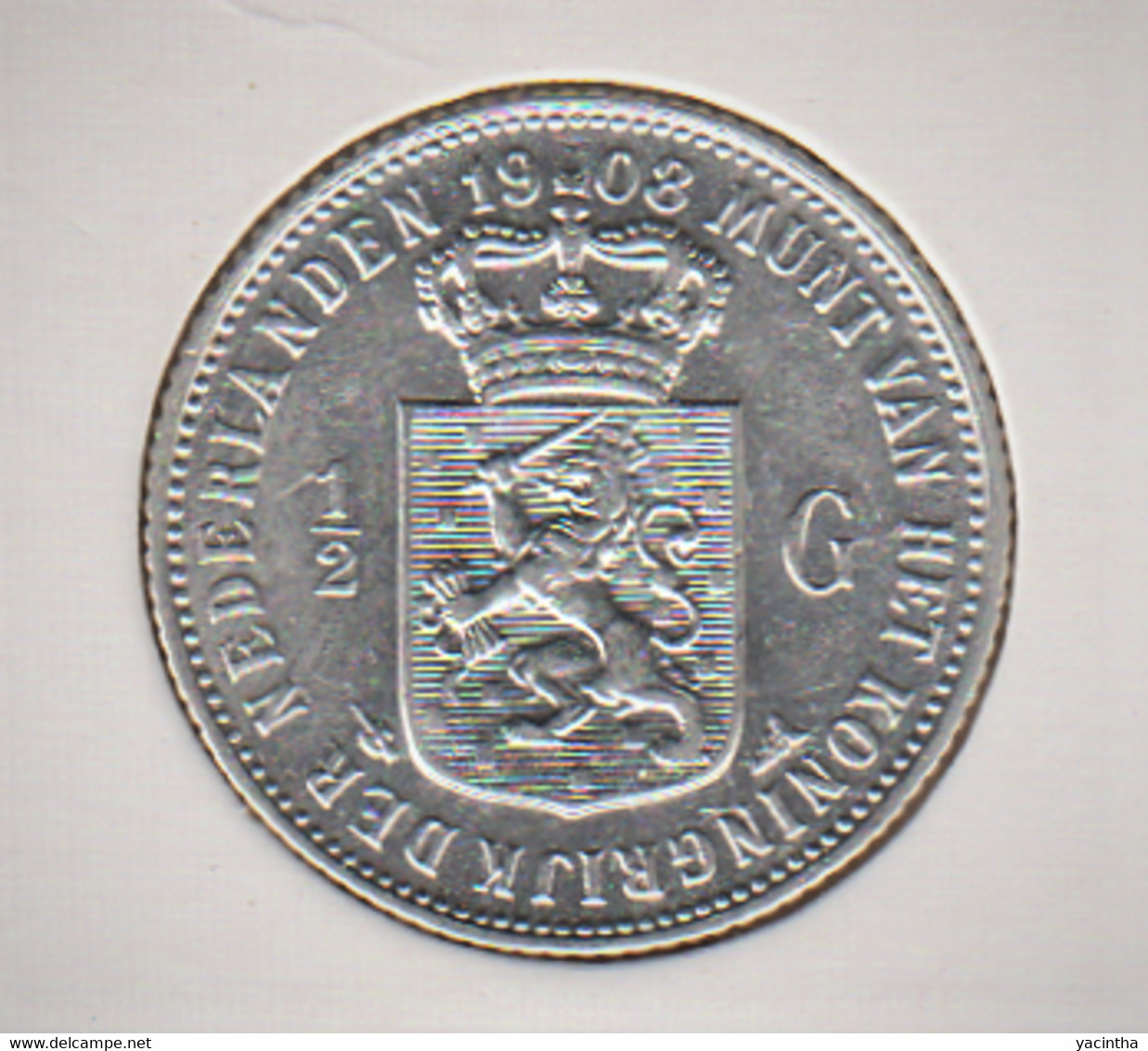 @Y@    Nederland  1/2  Gulden 1908   Wilhelmina   (5220)    XF+ - 1/2 Gulden