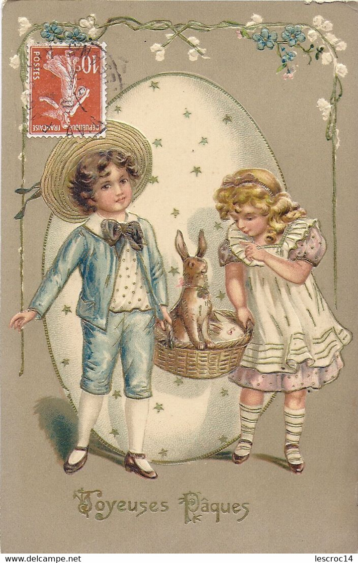 BELLE CARTE CARTE GAUFFREE JOYEUSES PAQUES  2 ENFNATS PANIER LAPIN - Easter