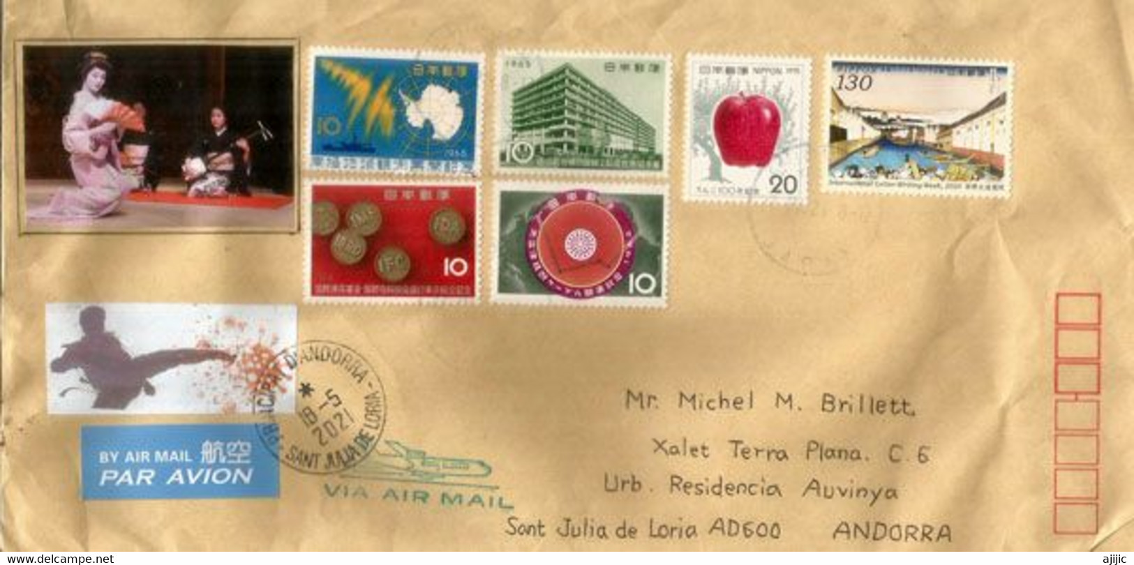 Lettre De Tokyo,Japon,adressée Andorra,avec Vignette Prevention Coronavirus Japon Et Arrivée Timbre à Date Andorra - Lettres & Documents