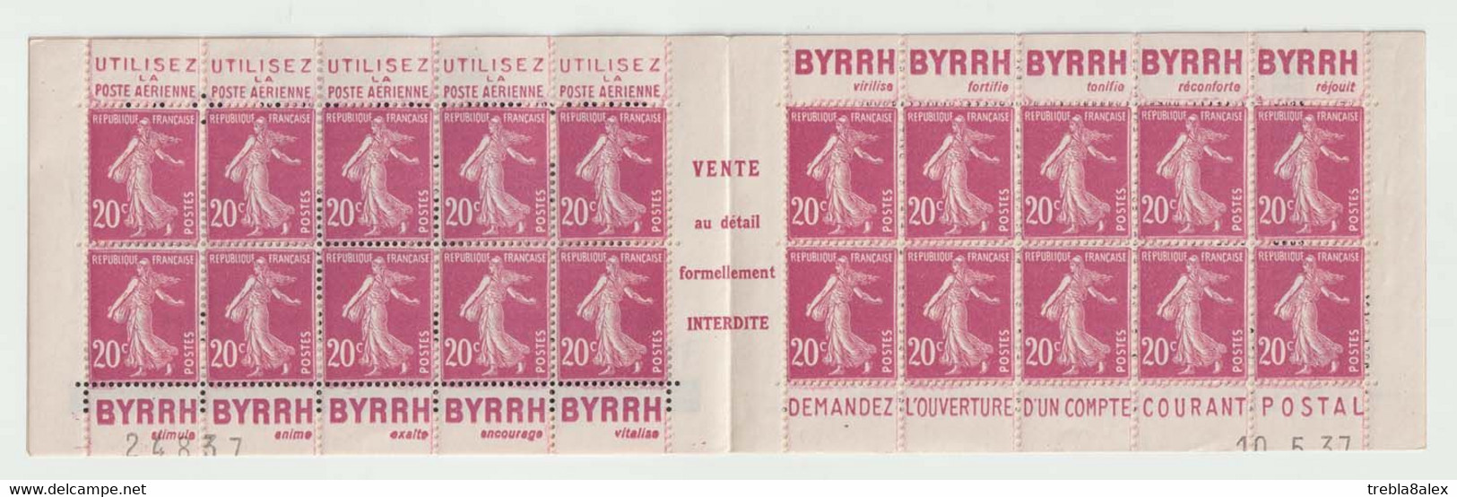 Semeuse N°190 Carnet De 20 Timbres  20c Lilas Rose Avec Bande Publicitaire, Daté - 1906-38 Semeuse Con Cameo