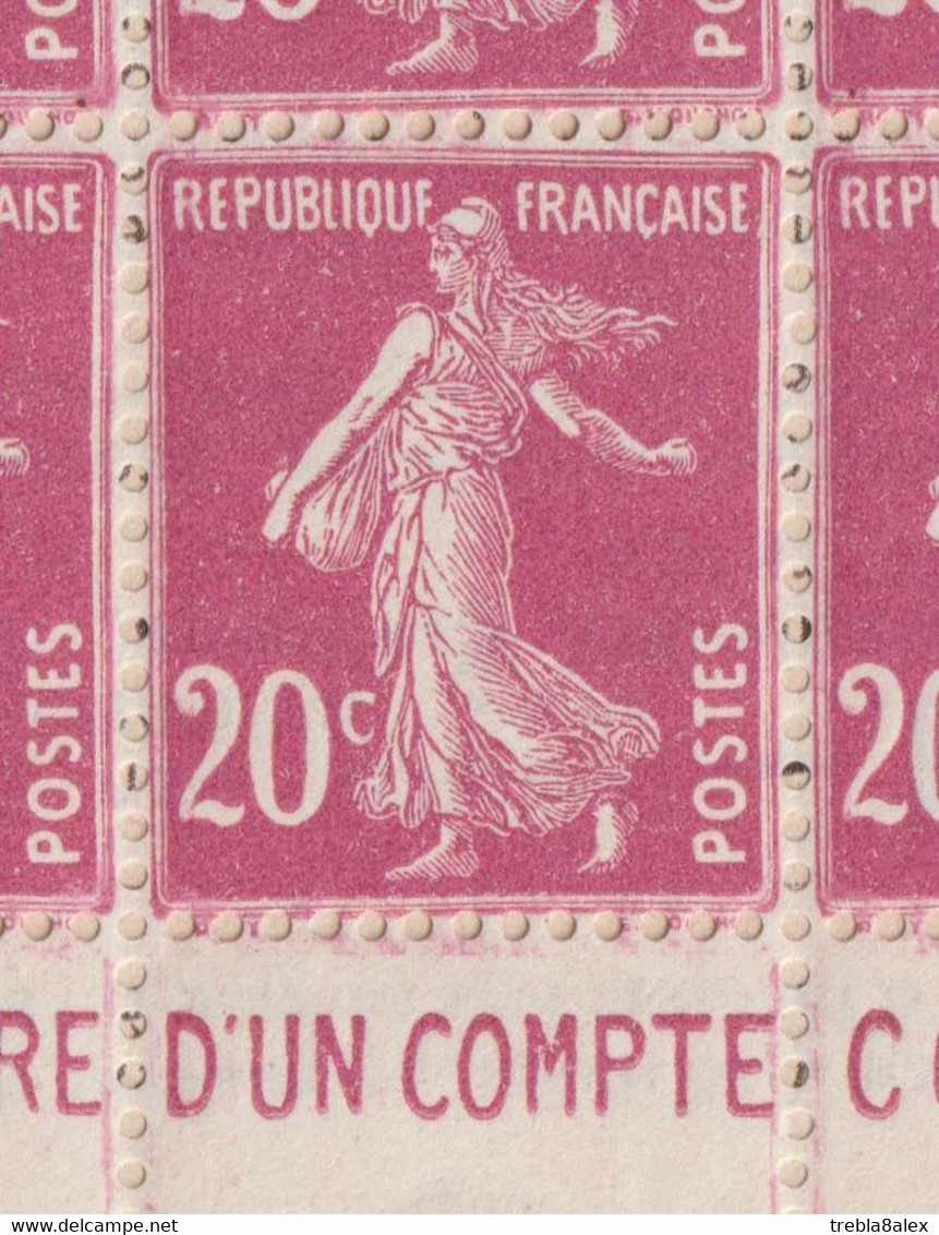 Semeuse n°190 carnet de 20 timbres  20c lilas rose avec bande publicitaire, daté