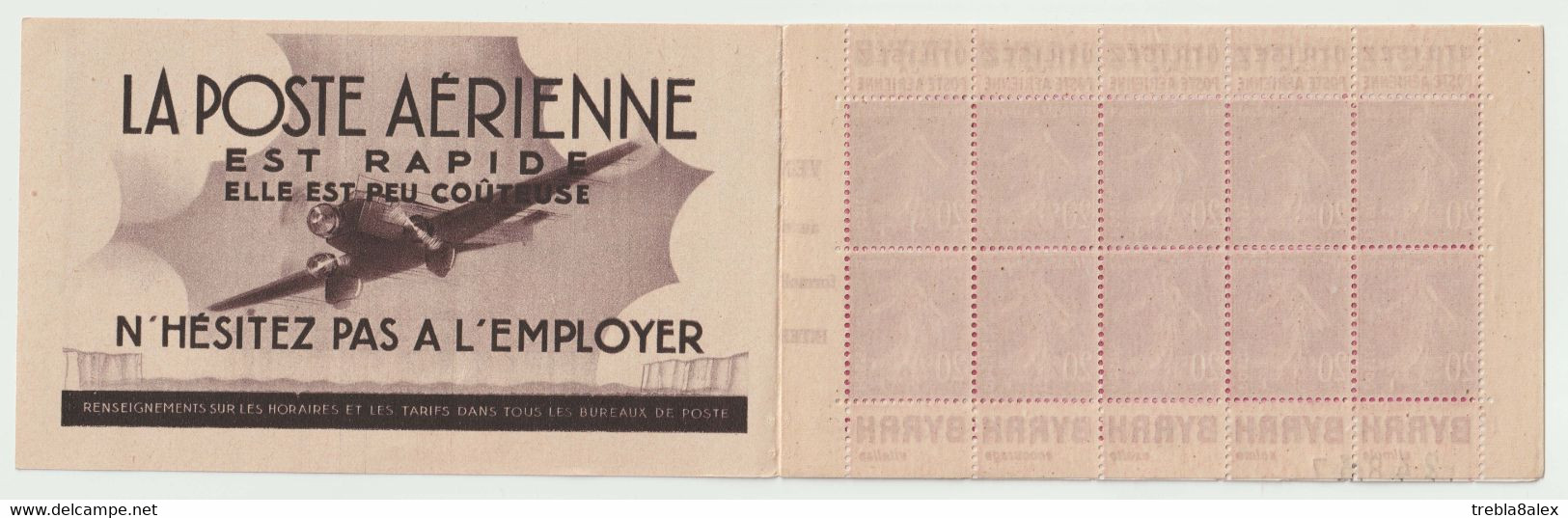 Semeuse n°190 carnet de 20 timbres  20c lilas rose avec bande publicitaire, daté