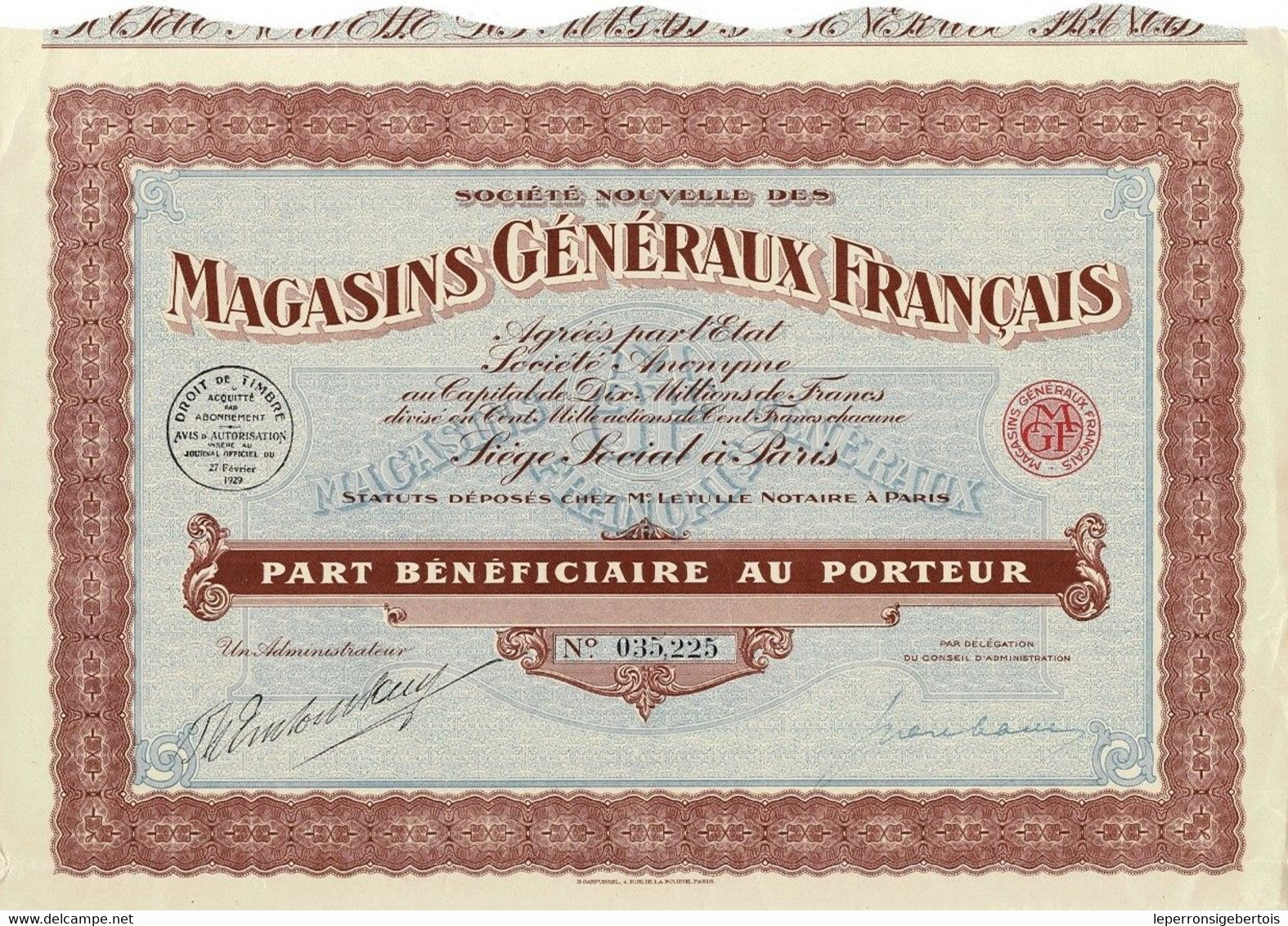 Titre Ancien - Société Nouvelle Des Magasins Généraux Français - Société Anonyme - Titre De 1929 - N° 035225 - - Tourisme