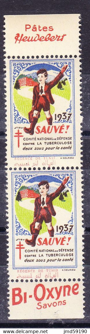 Paire 2 Timbres** Tuberculose SAUVE! - 1937, RARE Département REGENCE DE TUNIS, Avec Bande Pub HEUDEBERT/BI-OXYDE - Tegen Tuberculose