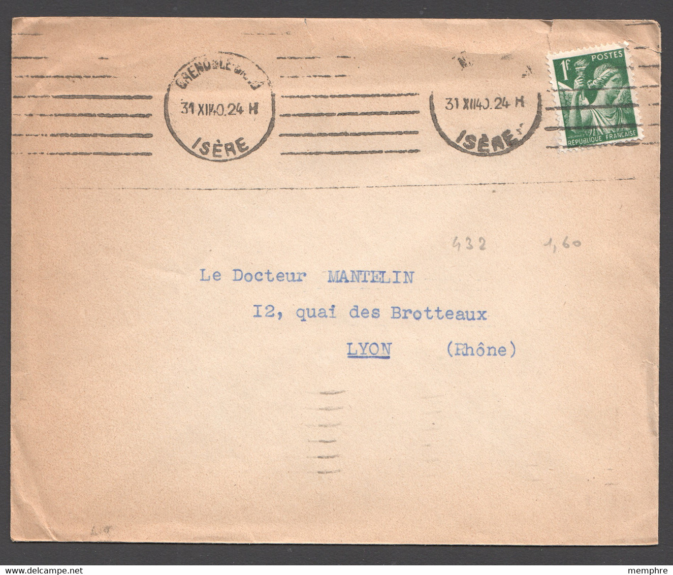 1940  Imprimés De Grenoble Pour Lyon  Yv 432 Seul - 1939-44 Iris