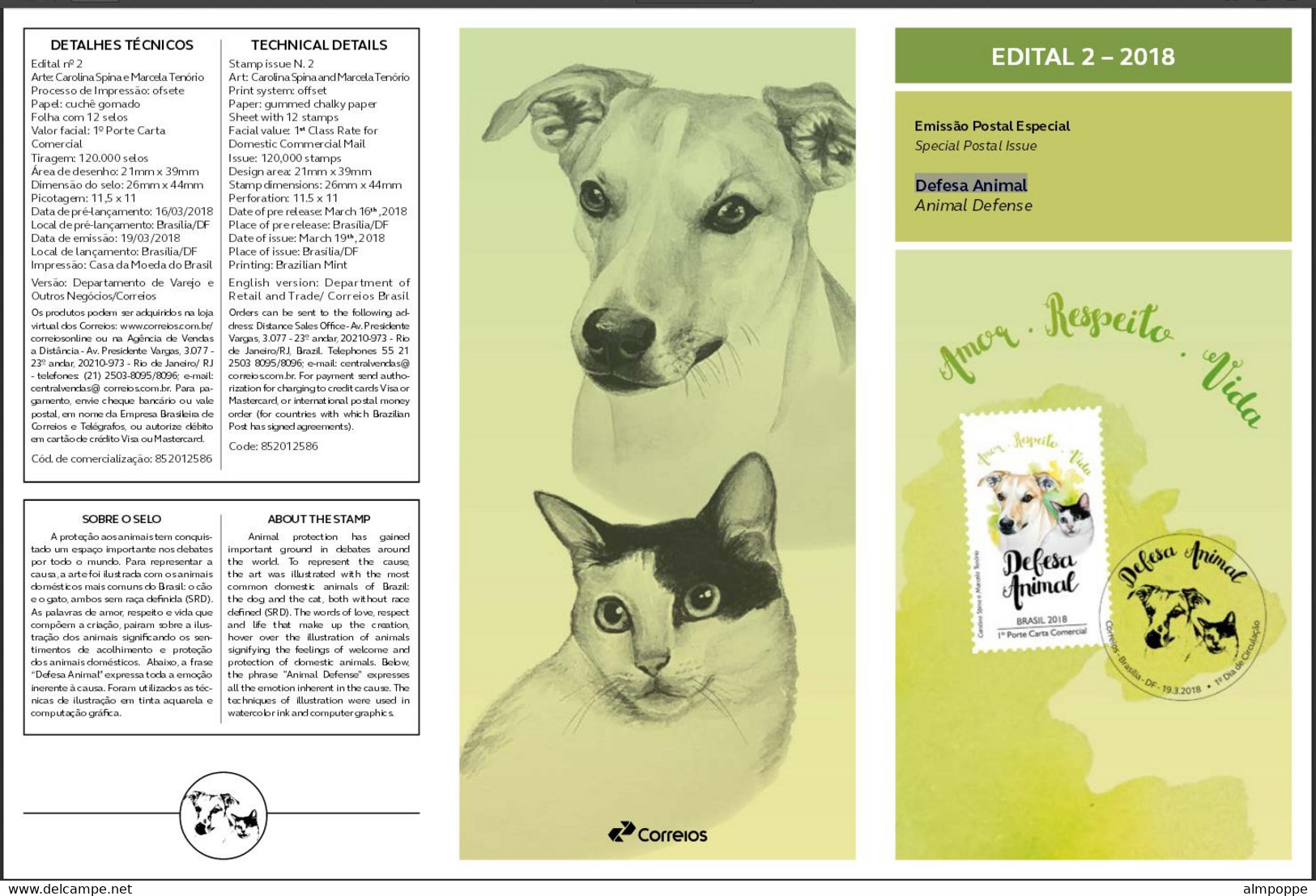 Ref. BR-V2018-02+E BRAZIL 2018 ANIMALS, FAUNA, ANIMAL DEFENSE, DOG, CAT,, DOMESTIC ANIMALS, MNH + EDICT 1V - Neufs