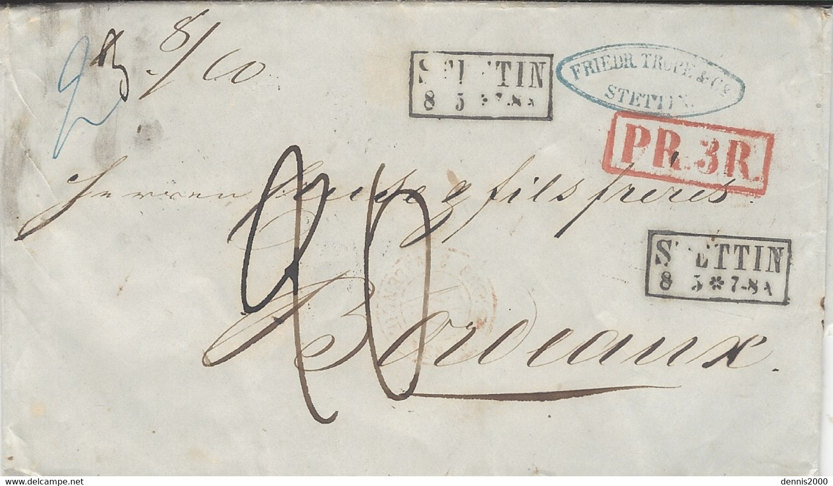 1855- Letter From STETTIN To Bordeaux - Rating 20 D.   + Red Framed P R.3 R. - ...-1860 Vorphilatelie