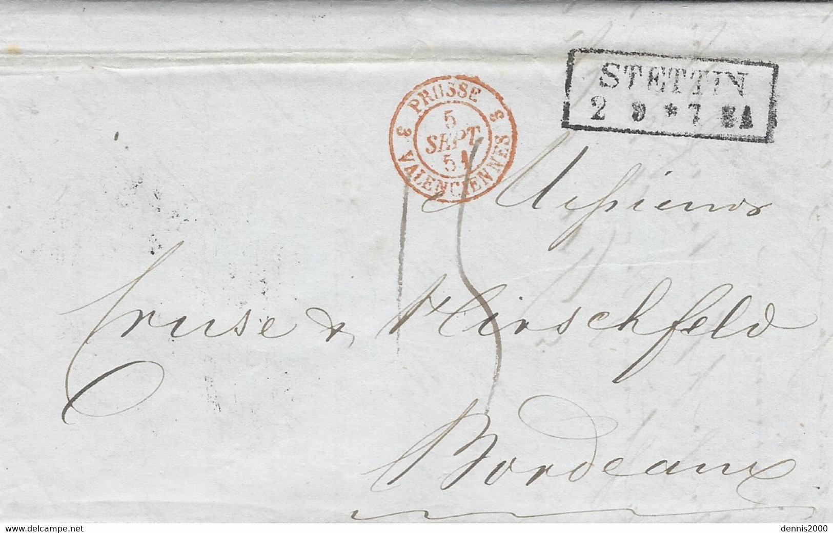 1851- Letter From STETTIN To Bordeaux - Rating 15 D.  Entrance PRUSSE 3 VALENCIENNES 3  - See Back - ...-1860 Prephilately