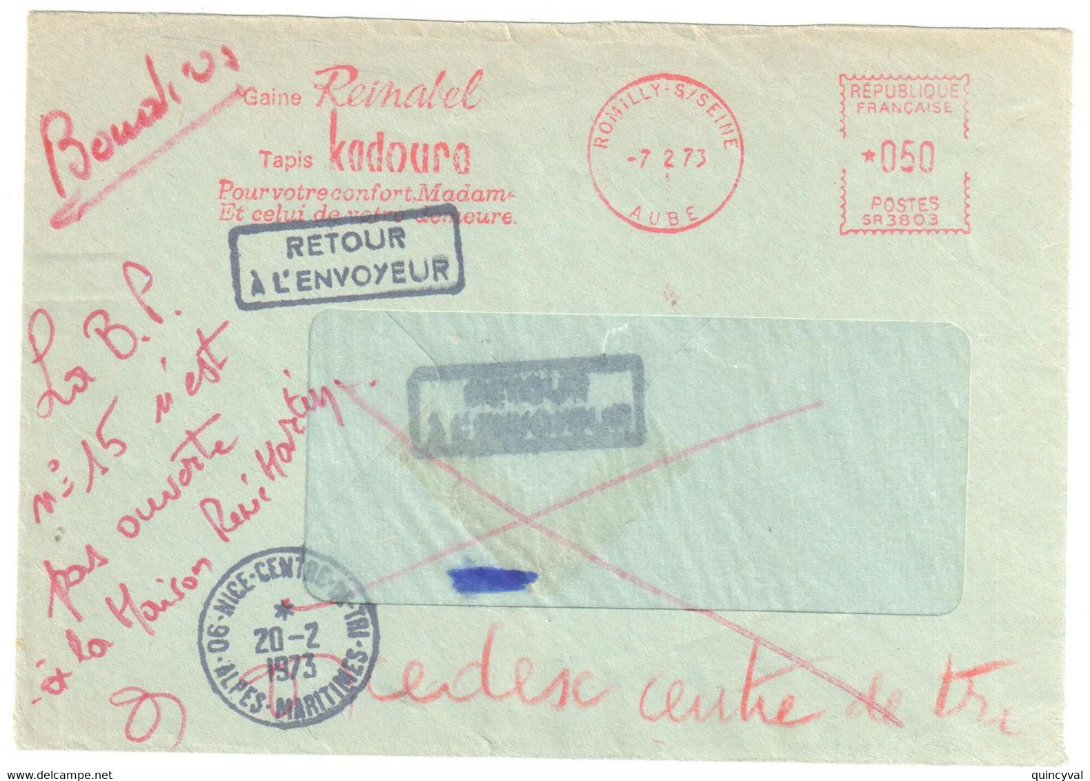 ROMILLY 10 Aube Lettre EMA SR 3803 Entête Gaine Reinadel Tapis Kadouro 50c Ob 1973 Retour Envoyeur 06 Nice Centre De Tri - Freistempel