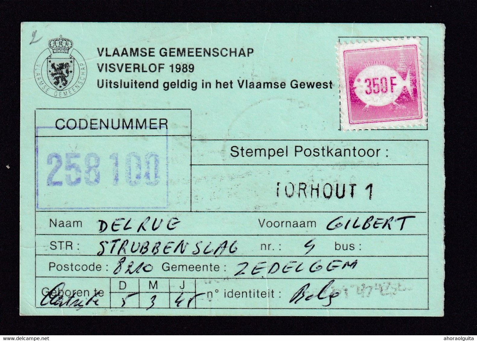 DDZ 286 -- Collection THOUROUT - Permis De Peche / Visverlof + Vignette 350 F - TP Velghe TORHOUT 1989 Griffe TORHOUT 1 - Post Office Leaflets
