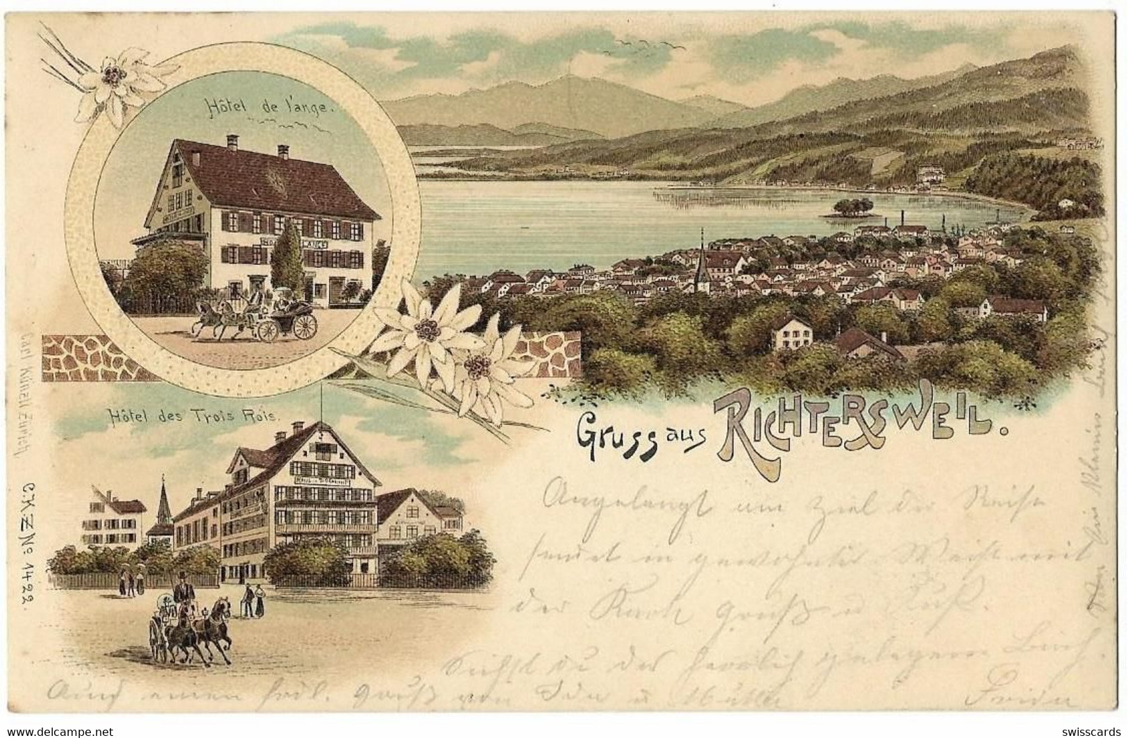 Gruss Aus RICHTERSWIL: 3-Bild-Litho Mit Hotel De L'ange Und Des Trois Rois 1898, Aushilfsstempel WOLLERAU - Richterswil