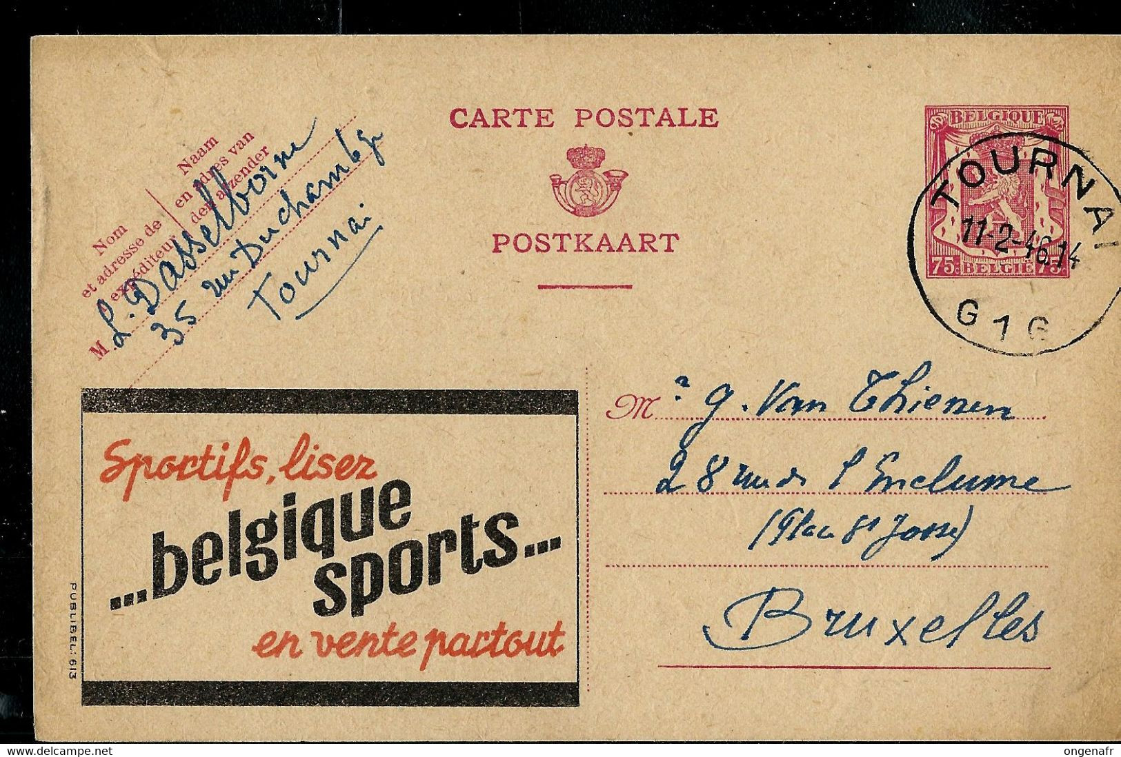 Publibel Obl. N° 613A ( BELGIQUE SPORTS ...  Journal) Obl. TOURNAI - G 1 G - 11/02/46 - Publibels