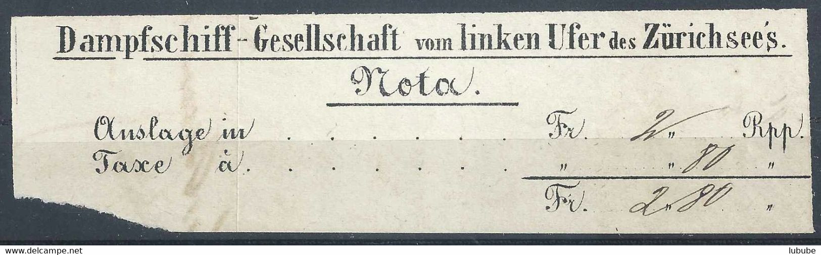 Nota  "Dampfschiff-Gesellschaft Vom Linken Ufer Des Zürichsee's"       Ca. 1850 - Europa