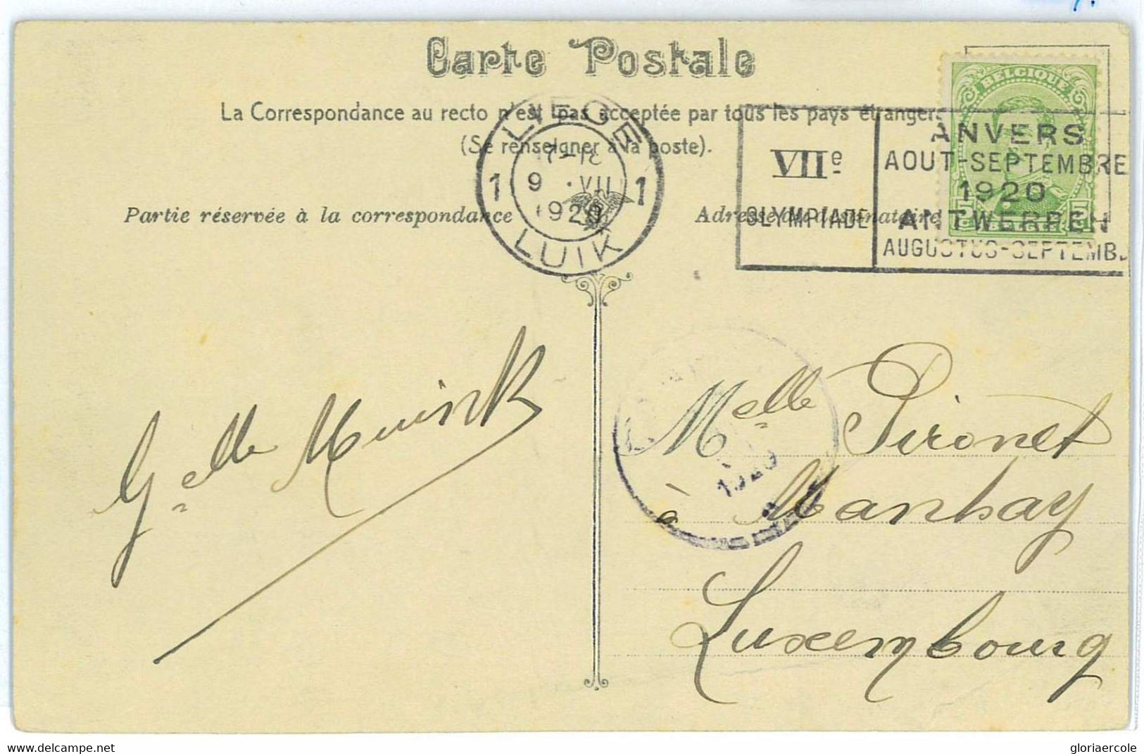 BK1890 - BELGIUM - POSTAL HISTORY - LIEGE Olympic Games  EXPO 1920  POSTMARK - Estate 1920: Anversa