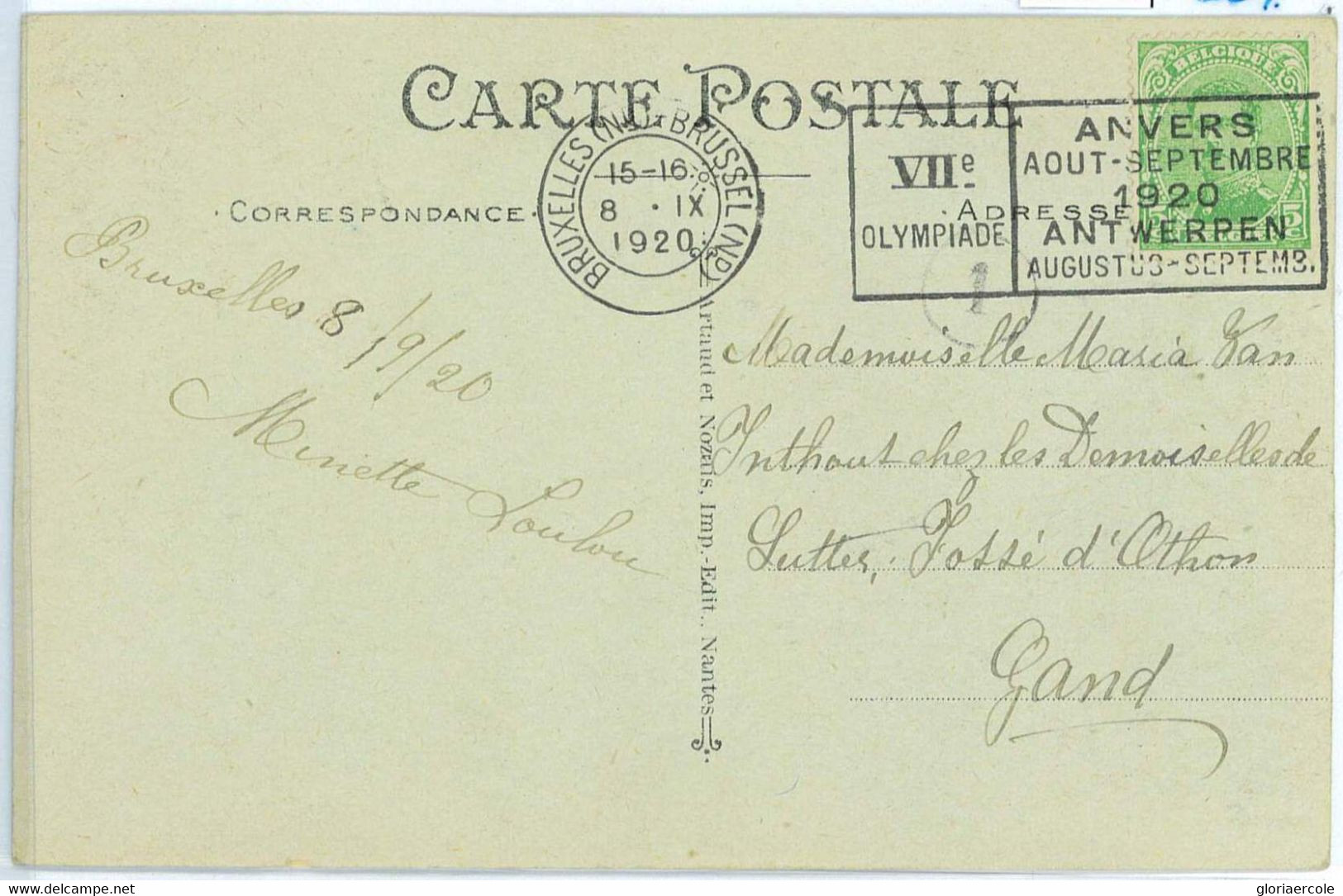 BK1903 - BELGIUM - POSTAL HISTORY -  Olympic Games  1920  POSTMARK - Summer 1920: Antwerp