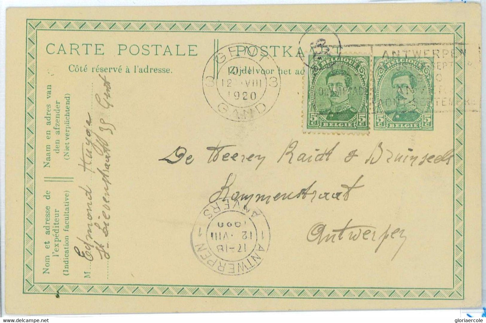 BK1907 - BELGIUM - POSTAL HISTORY - GENT Olympic Games 1920  POSTMARK On MISSCUT Stationery Card - Ete 1920: Anvers