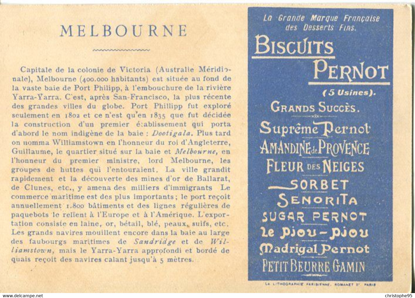 Chromos .n° 23363. Biscuits Pernot . Les Grands Ports Du Monde. Melbourne Australie . - Pernot