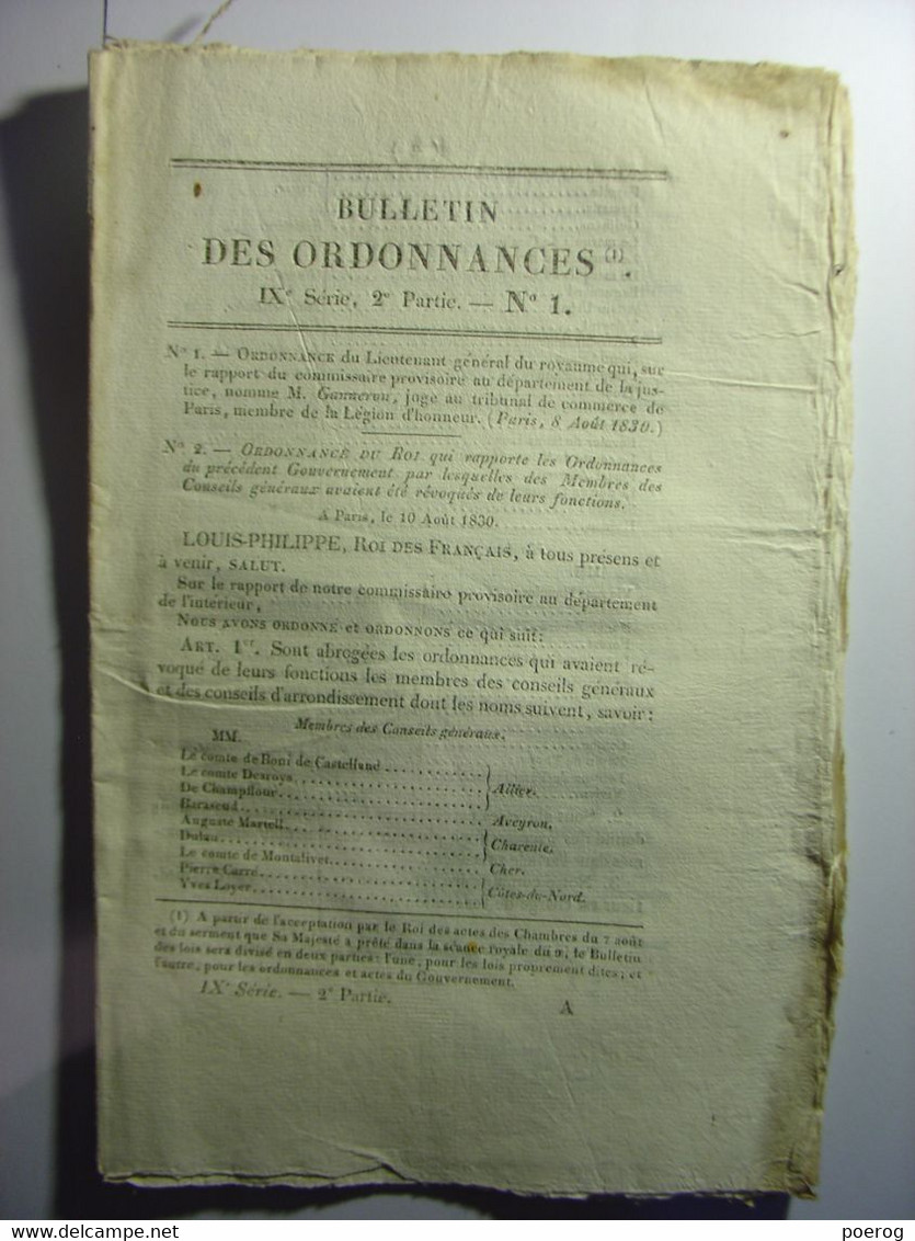 BULLETIN DES LOIS De 1830 - REVOLUTION DE JUILLET - REVOCATIONS - NOMMINATIONS - REINTEGRATIONS - GARDE ROYALE DISSOUTE - Decreti & Leggi