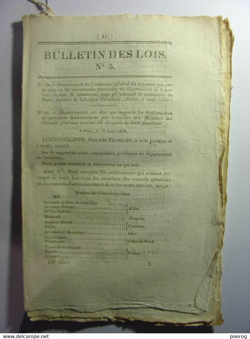 BULLETIN DES LOIS De 1830 - REVOLUTION DE JUILLET - REVOCATIONS - NOMMINATIONS - REINTEGRATIONS - GARDE ROYALE DISSOUTE - Decrees & Laws