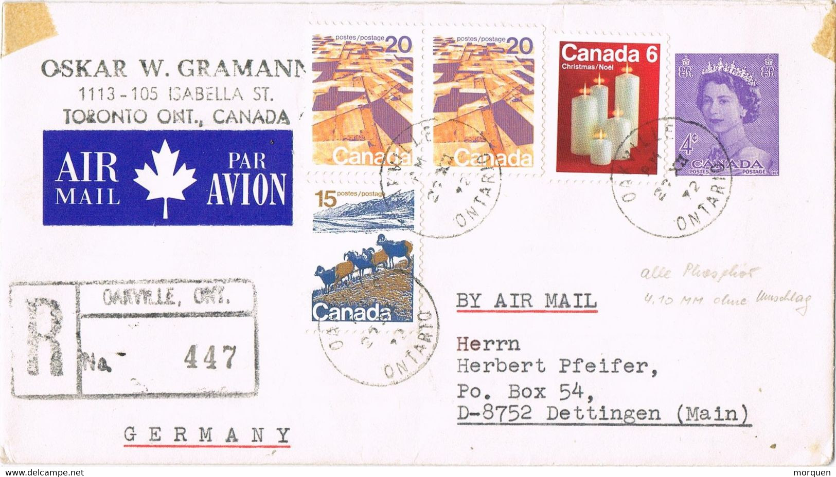 40563. Entero Postal Aerea Certificada OAKVYLLE (Ontario) 1972 To Germany. Avec Contenu Document - Other & Unclassified