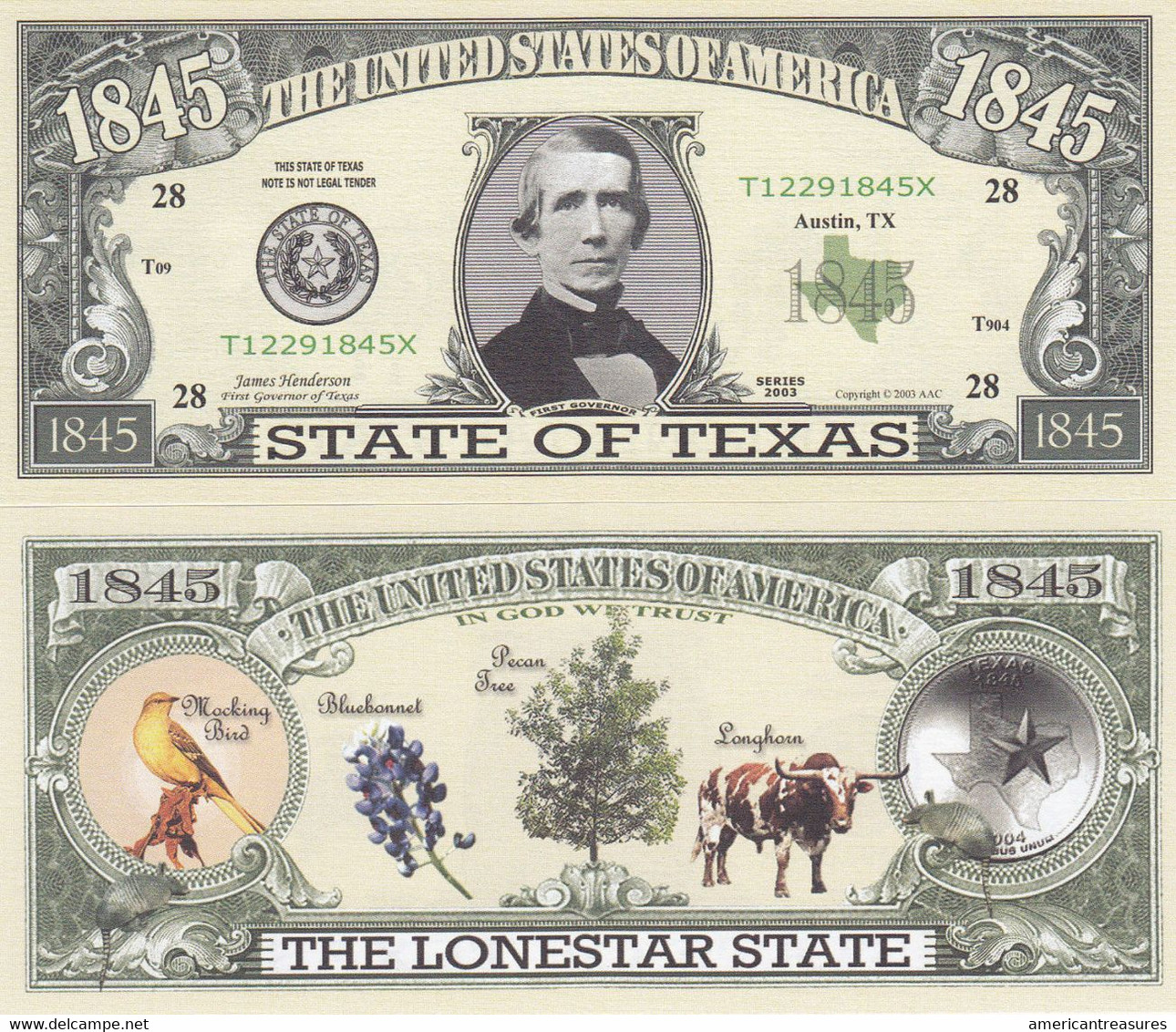 USA 1845 Dollar Novelty Banknote 'State Of Texas' - USA History Series - NEW - UNCIRCULATED & CRISP - Other - America