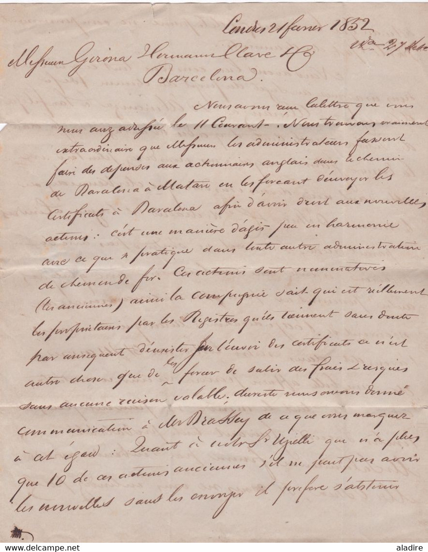 1852 - Lettre pliée avec corespondance de 3 p en français de London vers Barcelona Catalunya Espagne via France