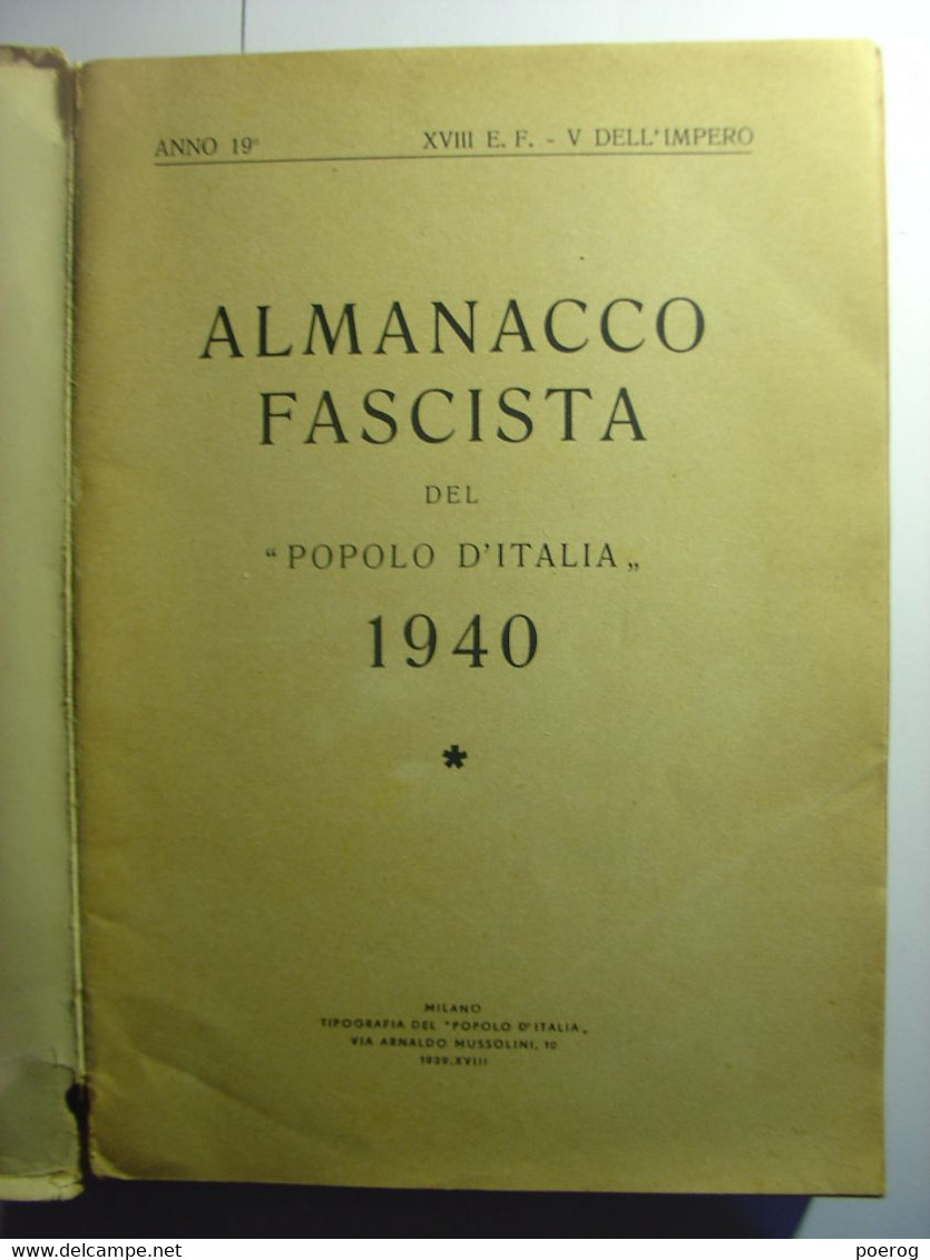 ALMANACCO FASCISTA DEL POPOLO D' ITALIA 1940 - PROPAGANDE - ALMANACH FASCISTE DU PEUPLE ITALIEN 1940 - MUSSOLINI  ITALIE - To Identify