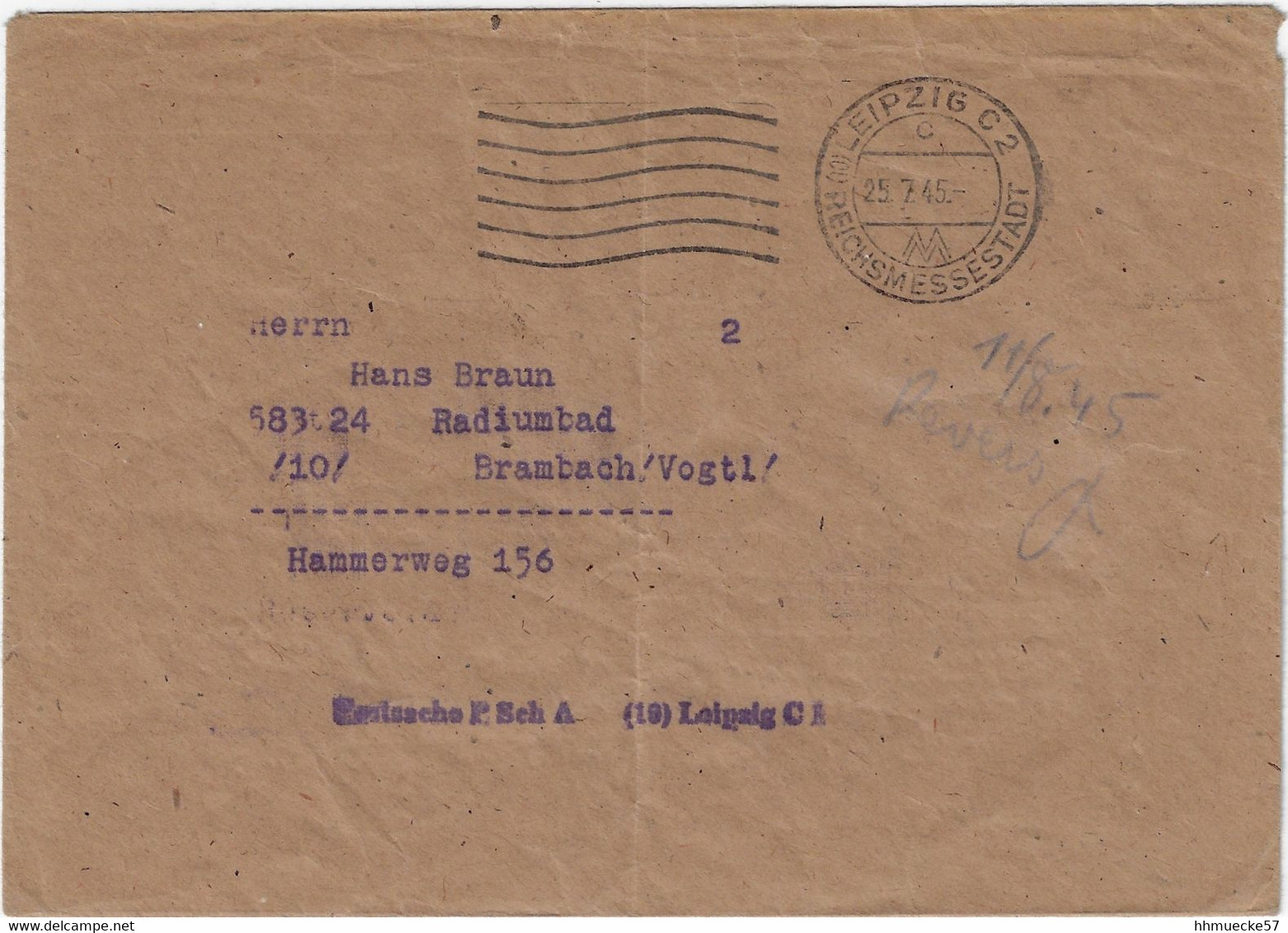 Postscheckbrief Leipzig C 2 V. 25.7.1945; Stempel Mit Inschrift: Reichsmessestadt - Other & Unclassified