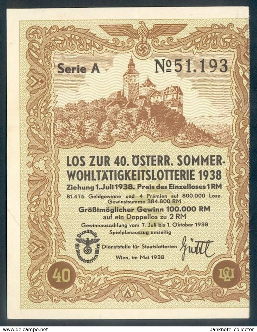 Deutschland, Germany - " 40. WOHLTÄTIGKEITSLOTTERIE ", Serie A, Wien - 1938 ! - Sonstige & Ohne Zuordnung